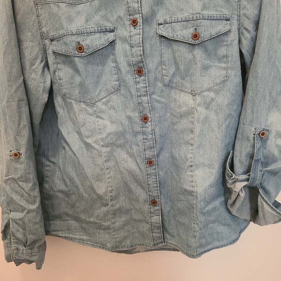 Design by Olivia Women's Classic Roll Up Sleeve Button Down Denim Jean Shirt L - Picture 6 of 8